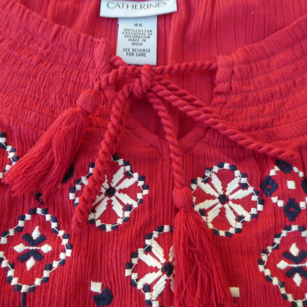 Catherines Red Cotton India Gauze Top Embroidered Keyhole Tie Tassels Smocked 4X - Picture 6 of 8